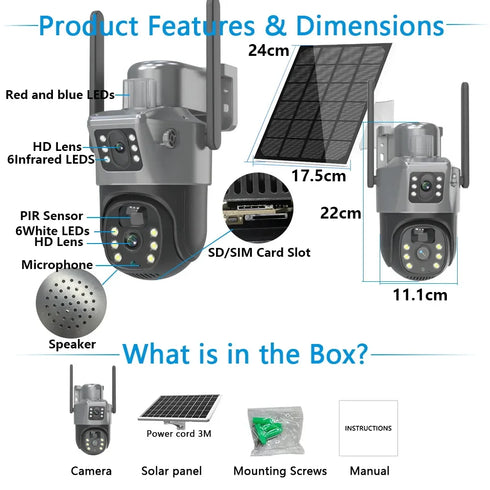 4K 8MP Dual Lens PTZ Solar Camera Dual screen PIR Human Tracking Outdoor WIFI Security CTV Surveillance IP Camera