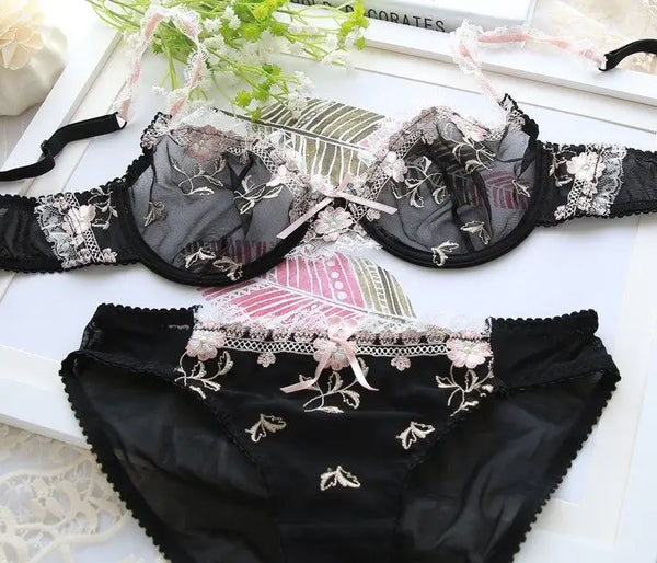 French Style Minimiser Bra Set | Big Size Unpadded Lace Half Cup, Large Cup Thin Anti-Sagging Sheer Lingerie Set BANERDANNI Bras