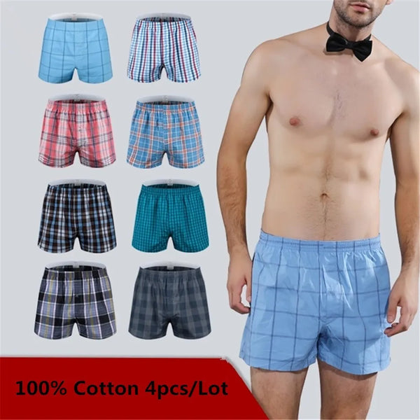 4PCS Mens Underwear Boxers Loose Shorts Men'S Panties Cotton The Large Plaid Arrow Pants Plus Size Classic Basics Plaid