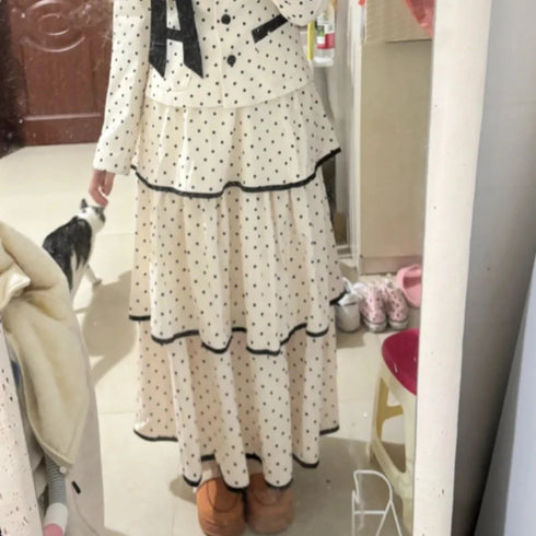 Korean Fashion Elegant Beige Polka Dot Women Set Long-sleeved Single Button Top High Waist A-line Ruffled Tiered Long Skirt 2pcs