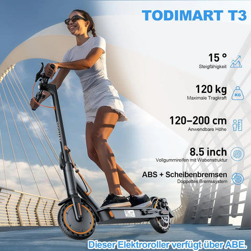 Todimart T3 ABE adult electric scooter, 36V 7.8AH, peak power 500W, 25-35KM, 8.5-inch honeycomb tires, urban electric scooter