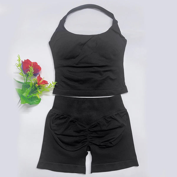 yoga outfits Women 2 pcs Sports DFNNYE Impact Set halterneck Backless Halter Top Seamless Scrunch Shorts Gym Workout Sports Suit