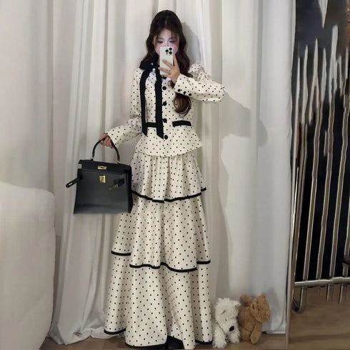 Korean Fashion Elegant Beige Polka Dot Women Set Long-sleeved Single Button Top High Waist A-line Ruffled Tiered Long Skirt 2pcs