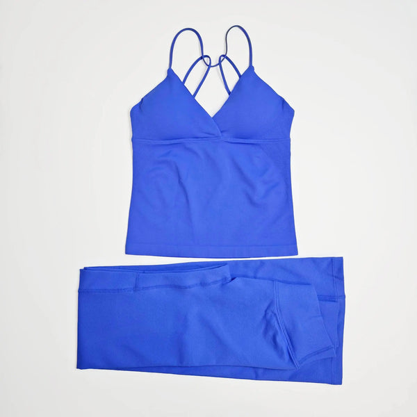 NCLAGEN Women Sportwear Vision Set Twist Front Longline Top + Flares 2 Pieces Fitness Suit Workout Running Outfit Gym Clothing