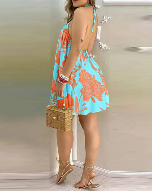 Floral Print Halter Neck Dress Boho Backless Halter Dress For Spring Summer Women's Clothing
