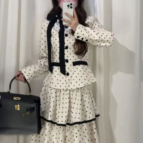 Korean Fashion Elegant Beige Polka Dot Women Set Long-sleeved Single Button Top High Waist A-line Ruffled Tiered Long Skirt 2pcs