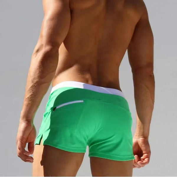 2025 Solid Color Low-Rise Men's Swim Trunks | Zip-Fly with Drawstring & Back Zipper Pocket for Secure & Discreet Wear