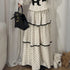 Korean Fashion Elegant Beige Polka Dot Women Set Long-sleeved Single Button Top High Waist A-line Ruffled Tiered Long Skirt 2pcs