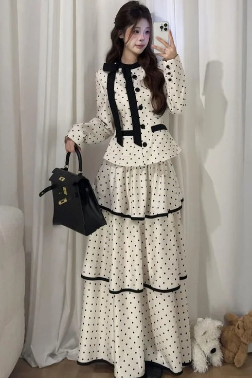 Korean Fashion Elegant Beige Polka Dot Women Set Long-sleeved Single Button Top High Waist A-line Ruffled Tiered Long Skirt 2pcs