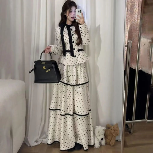 Korean Fashion Elegant Beige Polka Dot Women Set Long-sleeved Single Button Top High Waist A-line Ruffled Tiered Long Skirt 2pcs