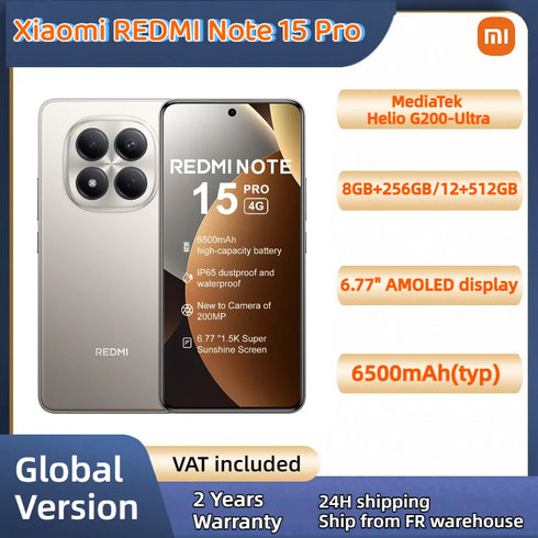 Global Version Xiaomi REDMI Note 15 Pro MTK Helio G200-Ultra 6.77" AMOLED display 200MP Camera 6500mAh 45W fast charging 120HZ
