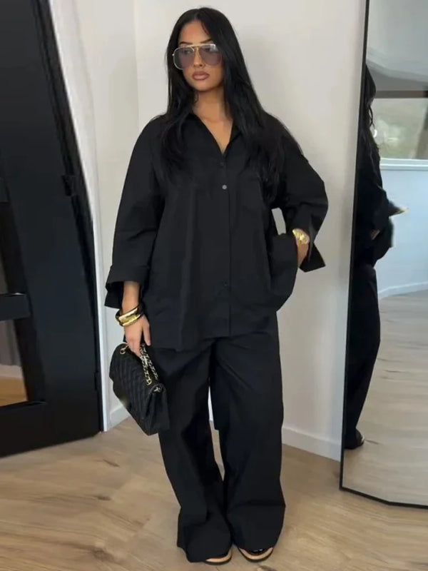 Women Solid Lapel Full Sleeves Pant Suits Chic Single Breasted Wide-leg Long Pants Sets 2026 Lady Casual Daily Loose Fit Outfit