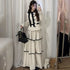 Korean Fashion Elegant Beige Polka Dot Women Set Long-sleeved Single Button Top High Waist A-line Ruffled Tiered Long Skirt 2pcs