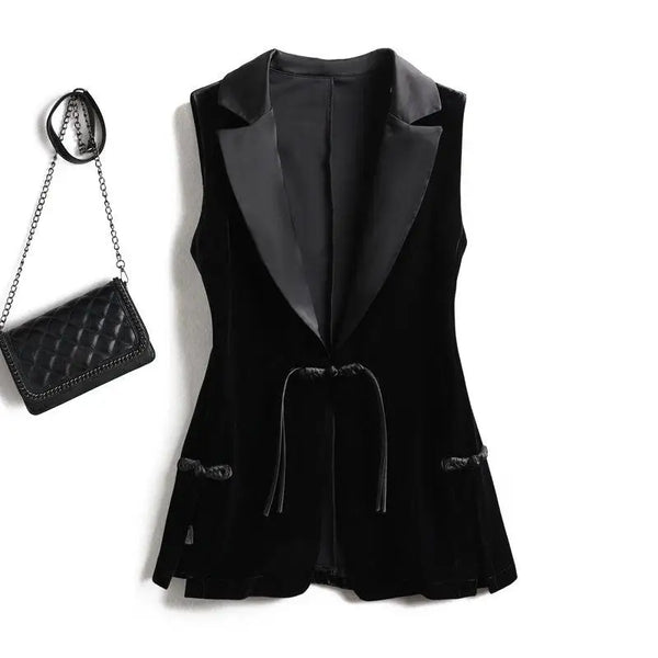Black Velvet Vest Jacket For Women Sleeveless Blazer Fashion 2026 Spring And AutumnSuit Tank Top Retro Waistcoat Z2338