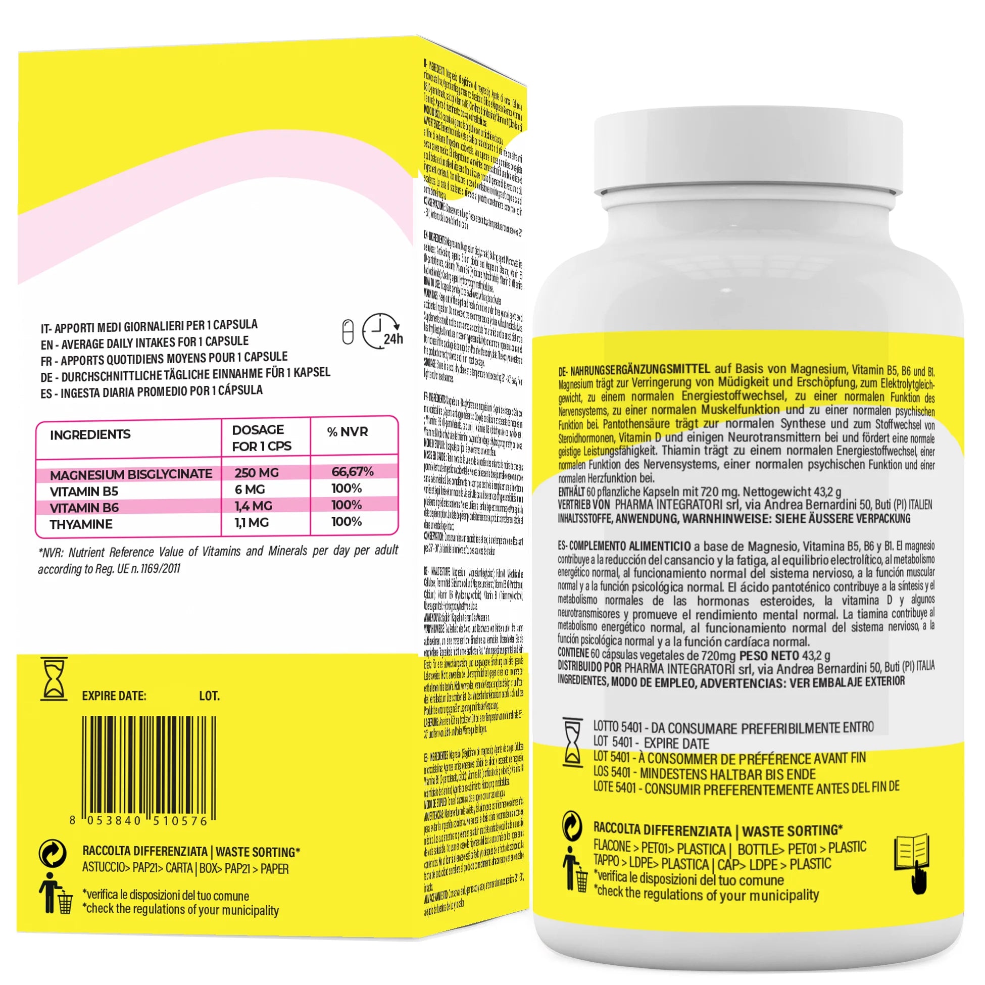 Magnesium Bisglycinate Capsules with Vitamin B6, Vitamin B1, Vitamin B5-Magnesium Pure Bisglycinate for Mental Tiredness-Magnesium Bisglycinate 250mg-Magnesium Bisglycinate