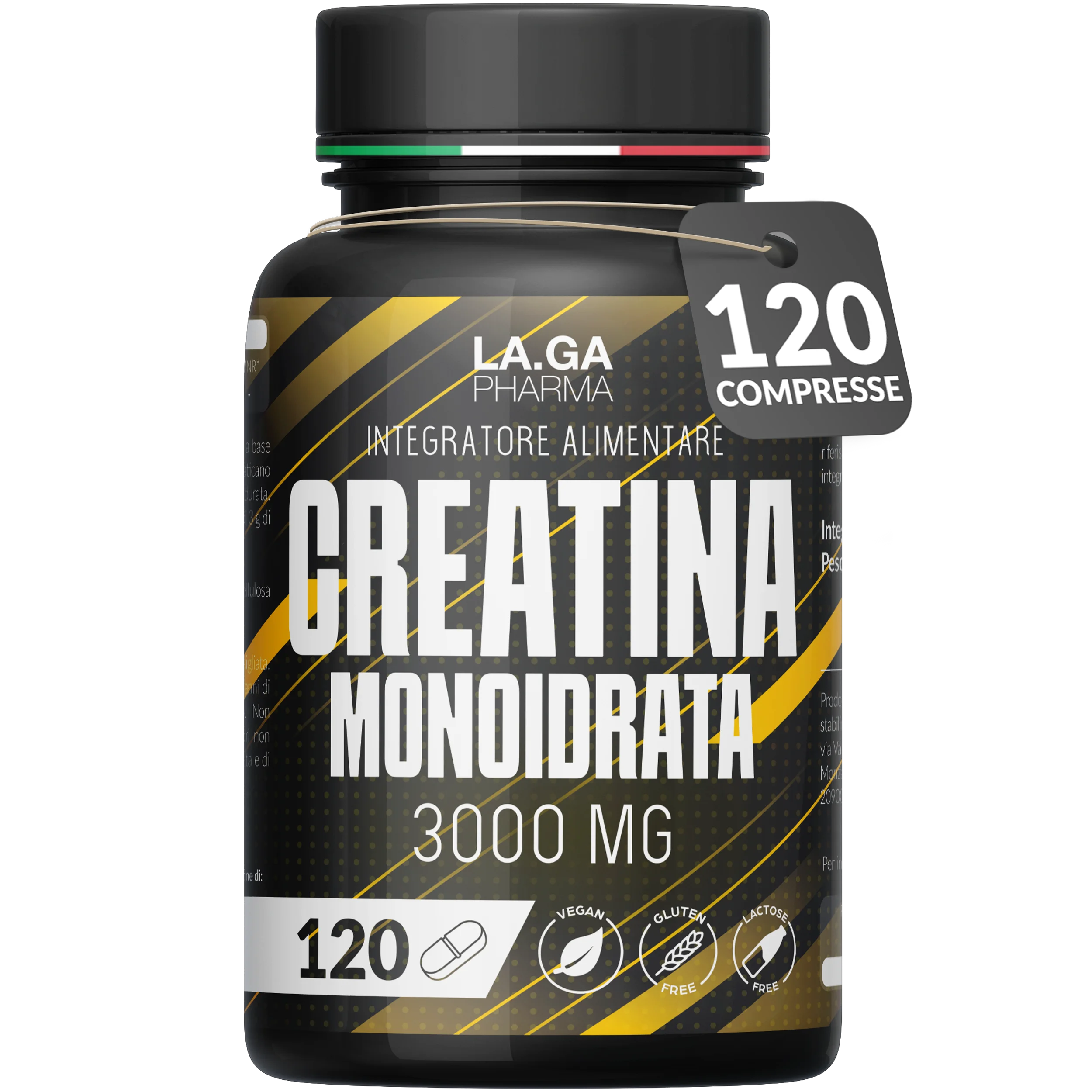 Creatine Monohydrate 120 Tablets of 3000mg Creatin Pure per dose. Creatine Monohydrate for Muscle Mass and Energy Boost. Creatine Pre and Post Workout. Creatine Made in Italy, 100% Vegan | LAGA Pharma. LAGA Healthy. LA.GA |