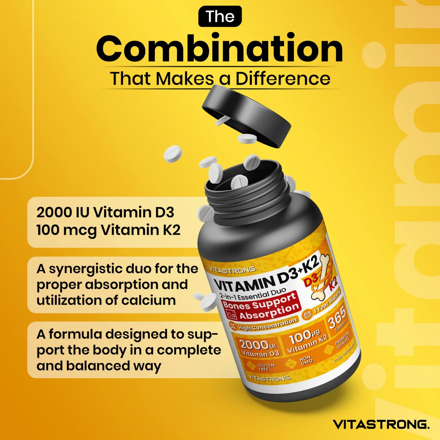 Vitastrong D3 + K2 Vitamin 365 days Tablets 2000 IU, 100 mcg, MK-7 for the support of the immune system, joints, muscles and bones