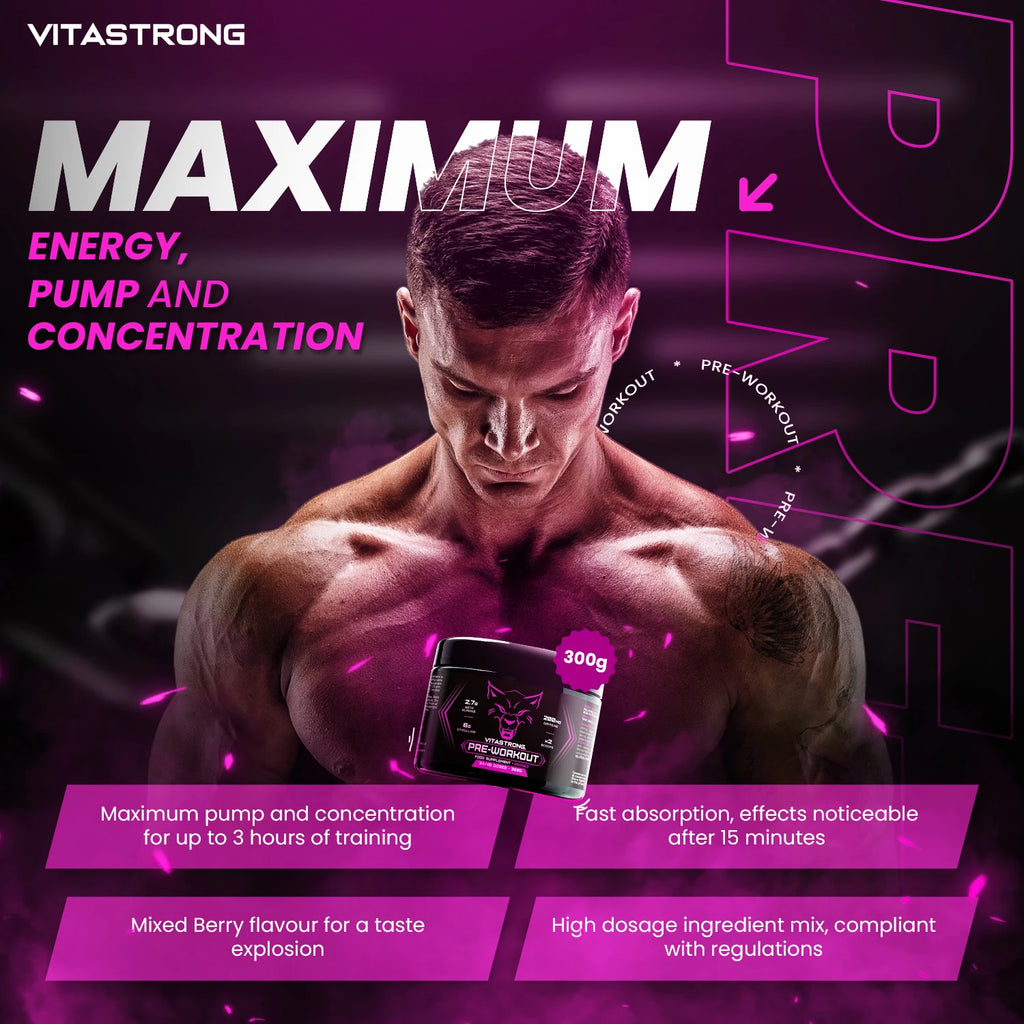 Pre-Workout Powerful 300g - Vegan Supplement with L-Citrulline, Beta-Alanine, Caffeine, Taurine, AstraGin, Panax Notoginseng, Vitastrong (24 Portions, Berries Flavor) - Made in Italy, Preworkout Supplement Powder