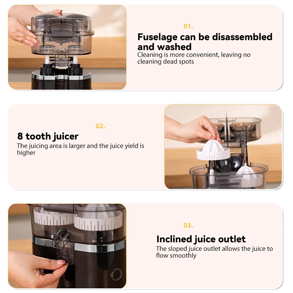 New Double Head Electric Juicer Built-in Fruit Cutting Function Automatic Lifting Squeezing 200W Brushless Motor Portable Home Fruit Juice Extractor
