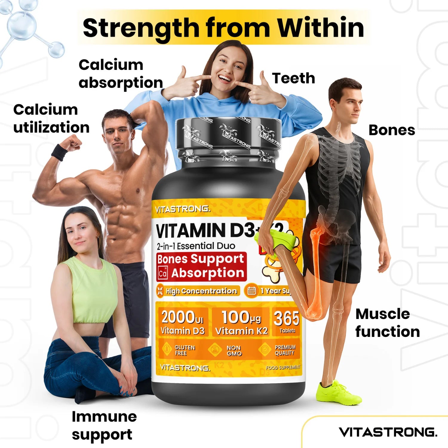 Vitastrong D3 + K2 Vitamin 365 days Tablets 2000 IU, 100 mcg, MK-7 for the support of the immune system, joints, muscles and bones