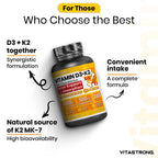 Vitastrong D3 + K2 Vitamin 365 days Tablets 2000 IU, 100 mcg, MK-7 for the support of the immune system, joints, muscles and bones
