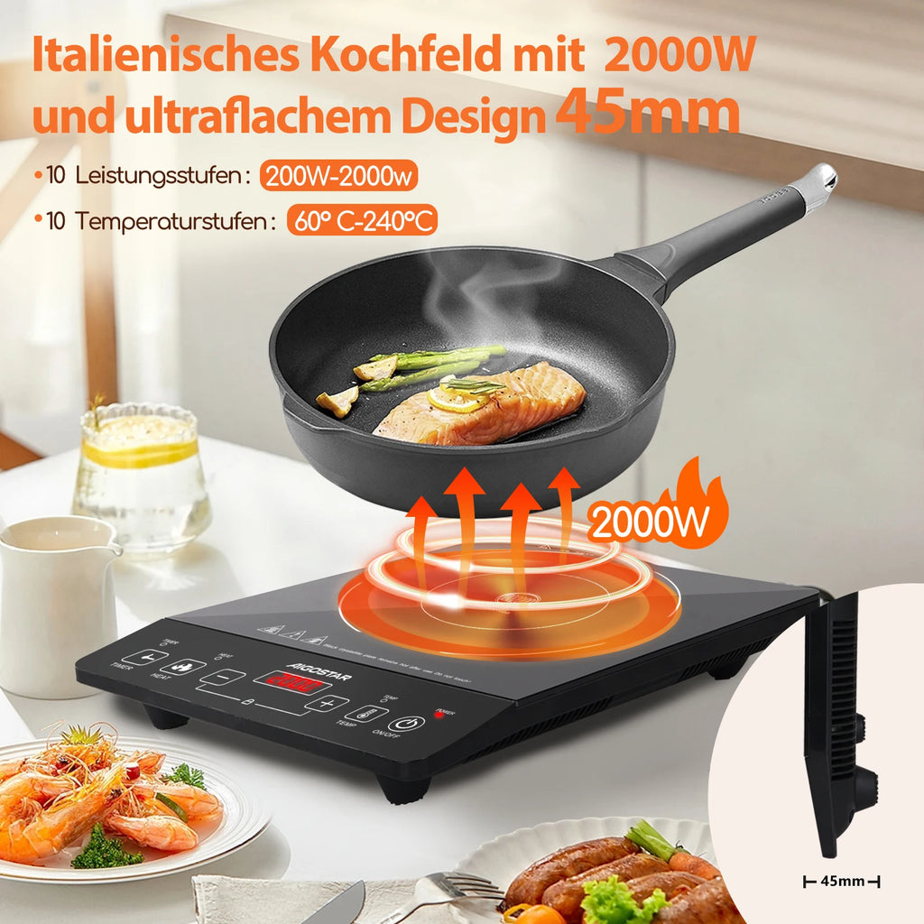 Aigostar 2000W Induction Cooktop, Touch Control, 10 Power Levels, 10 Temperature Settings, LED Digital Display, 3-Hour Timer
