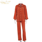 Clacive Causal Loose Home Suit Autumn Long Sleeve Blouse With High Wasit Pants Set Women Elegant Pleated Beige 2 Piece Pant Sets