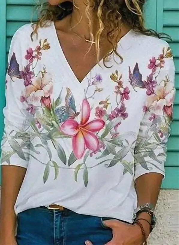 Summer New Boho Flower Blouses Womens Fashion Shirt V-Neck 3/4 Sleeve Flower Print Shirt Tops Casual Loose Ladies Floral Blouse Main image