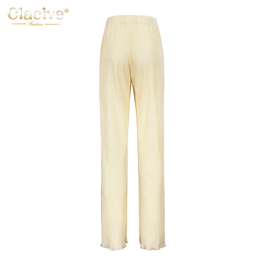 Clacive Causal Loose Home Suit Autumn Long Sleeve Blouse With High Wasit Pants Set Women Elegant Pleated Beige 2 Piece Pant Sets