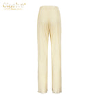 Clacive Causal Loose Home Suit Autumn Long Sleeve Blouse With High Wasit Pants Set Women Elegant Pleated Beige 2 Piece Pant Sets