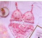 Cute Japanese Bras Briefs Underwear Set Lolita Girl Pink Plaid Flower Mesh Sexy Strawberry Print Bra & Panties Lingerie Set