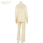 Clacive Causal Loose Home Suit Autumn Long Sleeve Blouse With High Wasit Pants Set Women Elegant Pleated Beige 2 Piece Pant Sets