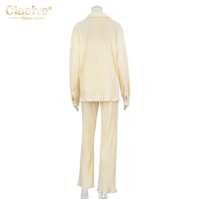 Clacive Causal Loose Home Suit Autumn Long Sleeve Blouse With High Wasit Pants Set Women Elegant Pleated Beige 2 Piece Pant Sets