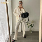 Clacive Causal Loose Home Suit Autumn Long Sleeve Blouse With High Wasit Pants Set Women Elegant Pleated Beige 2 Piece Pant Sets