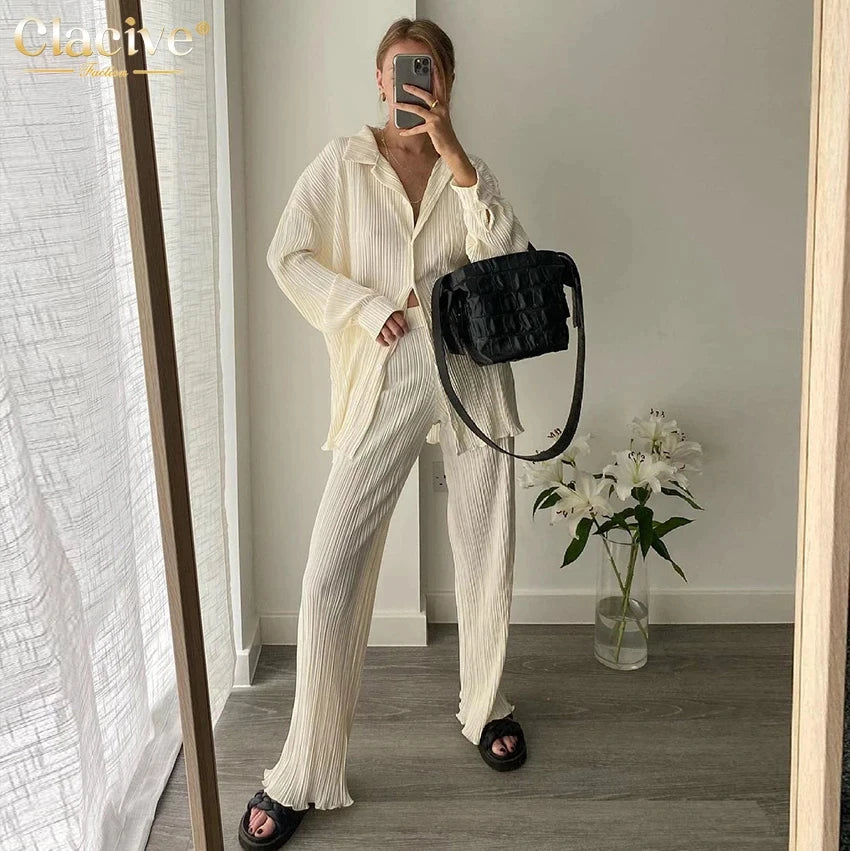 Clacive Causal Loose Home Suit Autumn Long Sleeve Blouse With High Wasit Pants Set Women Elegant Pleated Beige 2 Piece Pant Sets