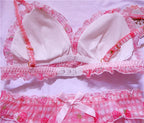Cute Japanese Bras Briefs Underwear Set Lolita Girl Pink Plaid Flower Mesh Sexy Strawberry Print Bra & Panties Lingerie Set