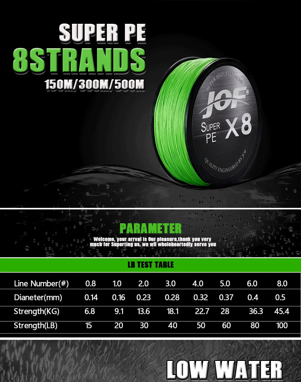 JOF X8 150M 300M 500M Braided Fishing Line 8 Strands MultiColor Multifilament Saltwater PE Line15 20 30 40 60 80 100LB