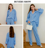 Clacive Causal Loose Home Suit Autumn Long Sleeve Blouse With High Wasit Pants Set Women Elegant Pleated Beige 2 Piece Pant Sets