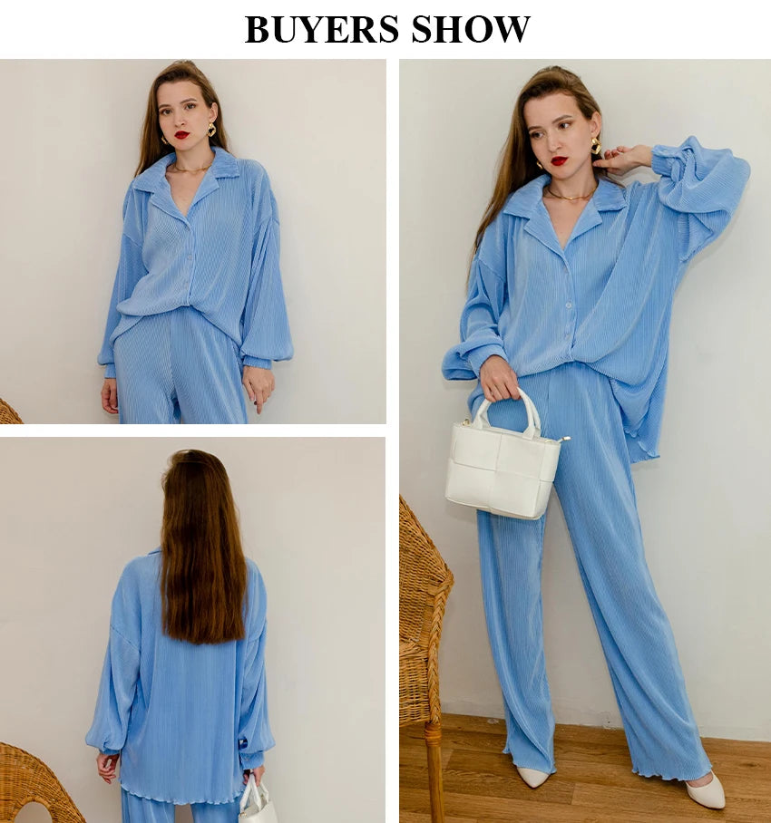 Clacive Causal Loose Home Suit Autumn Long Sleeve Blouse With High Wasit Pants Set Women Elegant Pleated Beige 2 Piece Pant Sets