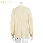 Clacive Causal Loose Home Suit Autumn Long Sleeve Blouse With High Wasit Pants Set Women Elegant Pleated Beige 2 Piece Pant Sets