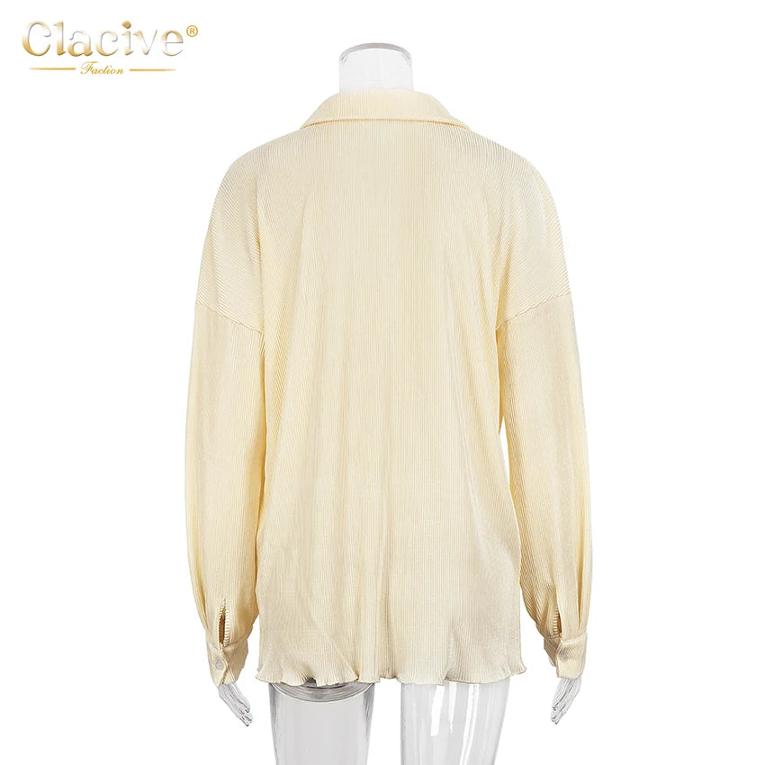 Clacive Causal Loose Home Suit Autumn Long Sleeve Blouse With High Wasit Pants Set Women Elegant Pleated Beige 2 Piece Pant Sets