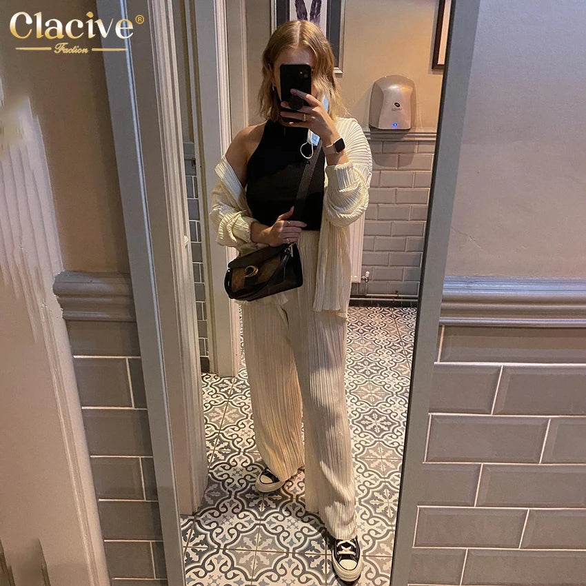 Clacive Causal Loose Home Suit Autumn Long Sleeve Blouse With High Wasit Pants Set Women Elegant Pleated Beige 2 Piece Pant Sets