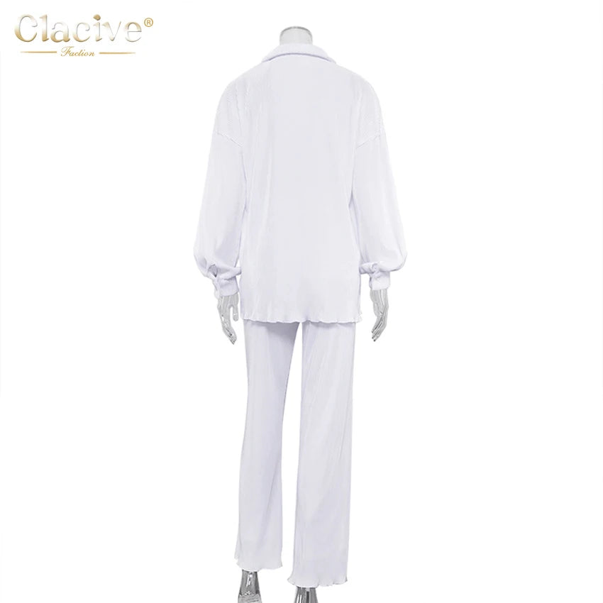 Clacive Causal Loose Home Suit Autumn Long Sleeve Blouse With High Wasit Pants Set Women Elegant Pleated Beige 2 Piece Pant Sets