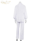Clacive Causal Loose Home Suit Autumn Long Sleeve Blouse With High Wasit Pants Set Women Elegant Pleated Beige 2 Piece Pant Sets