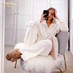 Clacive Causal Loose Home Suit Autumn Long Sleeve Blouse With High Wasit Pants Set Women Elegant Pleated Beige 2 Piece Pant Sets