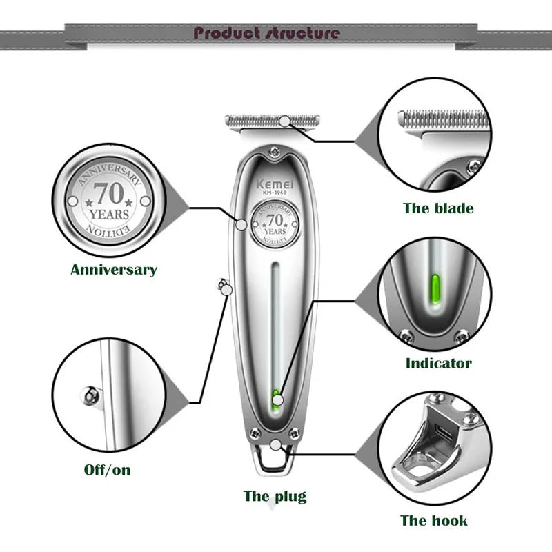 Kemei 1949 All-Metal Hair Trimmer Professional Clipper For Barber Rechargeable Men Electric Beard Shaver Hair Cutting Machine
