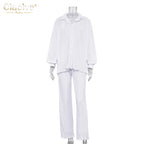 Clacive Causal Loose Home Suit Autumn Long Sleeve Blouse With High Wasit Pants Set Women Elegant Pleated Beige 2 Piece Pant Sets