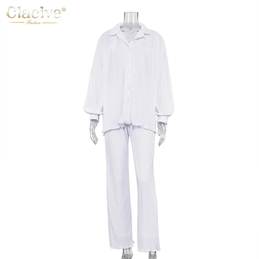 Clacive Causal Loose Home Suit Autumn Long Sleeve Blouse With High Wasit Pants Set Women Elegant Pleated Beige 2 Piece Pant Sets