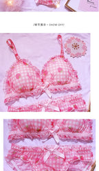 Cute Japanese Bras Briefs Underwear Set Lolita Girl Pink Plaid Flower Mesh Sexy Strawberry Print Bra & Panties Lingerie Set