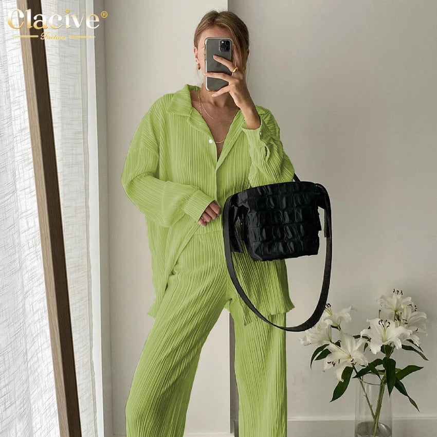 Clacive Causal Loose Home Suit Autumn Long Sleeve Blouse With High Wasit Pants Set Women Elegant Pleated Beige 2 Piece Pant Sets